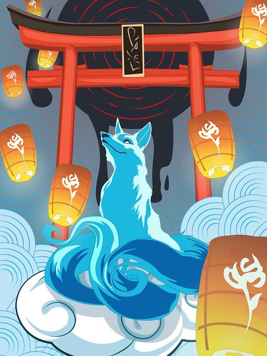狐狸 牌坊 云 幻想 灯笼 浮灯 动物 野生动物 神社 寺庙