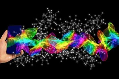 转型 转移 双边投资条约 数据 移动的 智能手机 手 粒子 波浪