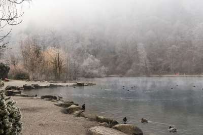冰淇淋 冬天 寒冷的 景观 湖 河岸 冻结 冰冷的 霜 被山