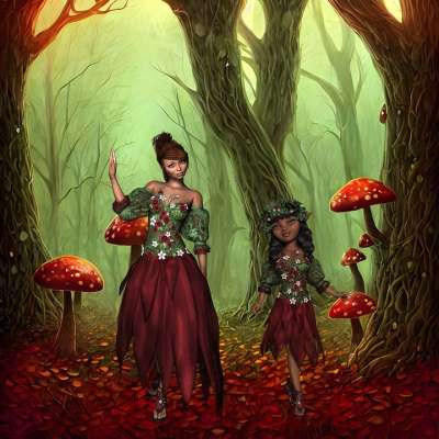 幻想 精灵 森林 背景 蘑菇 神秘 女士 女孩 树木
