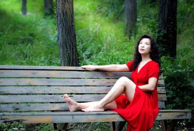 树木 公园 女士 森林 红色连衣裙 公园的长椅上 长椅 坐着