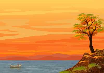 插图 景观 背景 渔夫 船 海 湖 黄昏 暮 日落 太阳