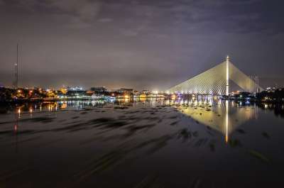 曼谷 桥 河 夜晚 城市 泰国 亚洲 旅行 长期接触