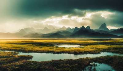 生成的Ai 幻想 日落 山 水 湖 草 远景 多雾路段