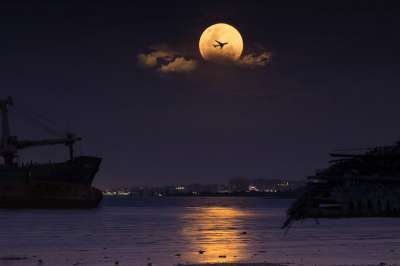 水 海 晚上 夜晚 剪影 月亮 海滩 自然 景观 光