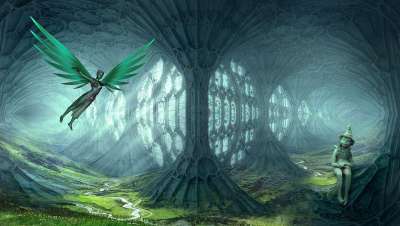 幻想 精灵 梦的世界 景观 大教堂 窗户 光 被淹 列