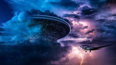 飞船 飞机 闪电 云 天空 飞碟 航班 雷 多云的 幻想