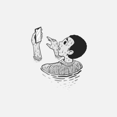 手机 沉 超现实的 男人 人 电话 互联网 瘾 溺水 卡通片