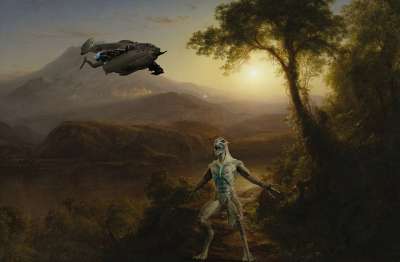 森林 飞船 外星人 幻想 背景 山