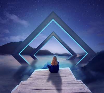 年轻女子 坐在边上 浪漫的 幻想 大气层 照片 照明 大气 艺术