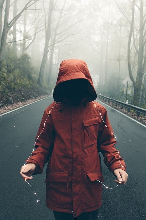 人们 男人 旅行 冒险 独自的 圣诞灯 树木 森林 路
