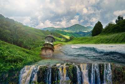 幻想 景观 幻想风景 不可能的景观 超现实的 灯塔 弃 山 天空
