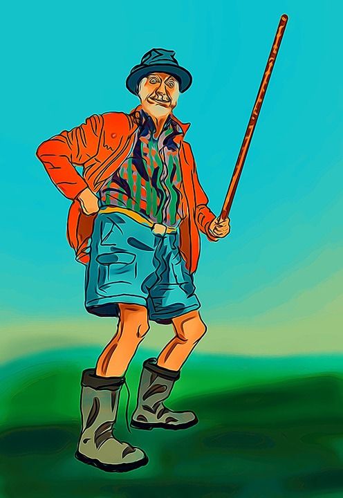 老人 拐杖 卡通片 波普艺术 数字的 步行 户外 远足 短裤