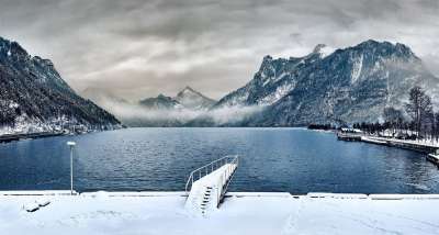 Traunsee 湖 埃本塞 奥地利 水 景观 自然 山 寒冷的