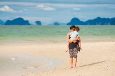 妈妈 儿子 热带 海滩 孩子 母亲 父母 男孩 海 假期