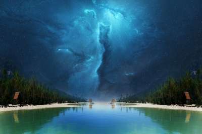 湖 星星 空间 幻想 夜空 风景 山 水 反射 海洋 高山