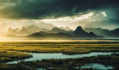 生成的Ai 幻想 景观 水 湖 山 远景 云