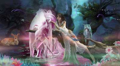 女性 独角兽 幻想 森林 神秘 梦 神奇 天使 仙女 蝴蝶