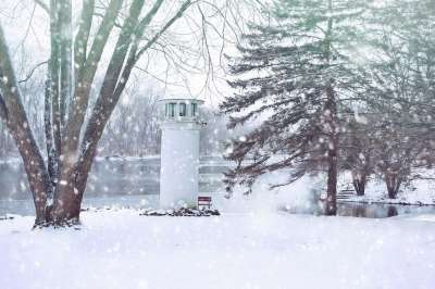 冬天 灯塔 雪 下雪的 密歇根州 景观 冻结 航海的