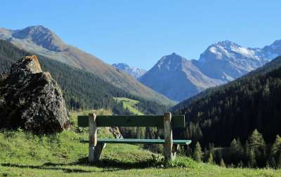 坐 放宽 景观 板凳 山 看 达沃斯 其余的 全景图 性质