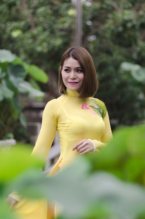 妇女 Aodai 花 黄色 早晨 家庭花园 绿叶 自然 越南