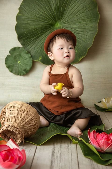 亚洲幼儿 宝宝拍摄 越南 婴儿 学步的儿童 树叶 莲花 孩子