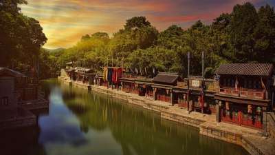 北京 河 村庄 颐和园 湖 溪 景观 日落 中国 北京 北京