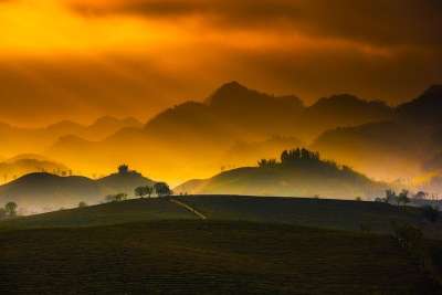 越南 日落 黄昏 山 美丽的 景观 风景秀丽的 热带 自然