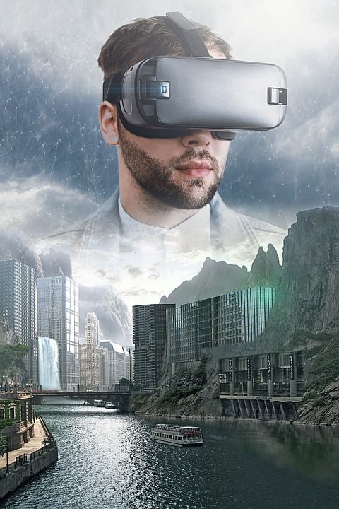 幻想 虚拟现实 Vr眼镜 男人 天空 云 网络 城市 未来的城市