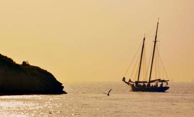 帆船 Scoglio 针 海鸥 加尔达 帆 小船 意大利 日落