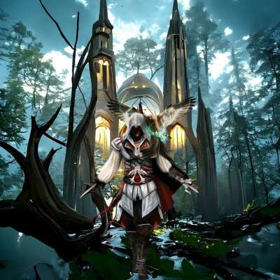 幻想 大教堂 战士 背景 神秘 森林 男人 神奇