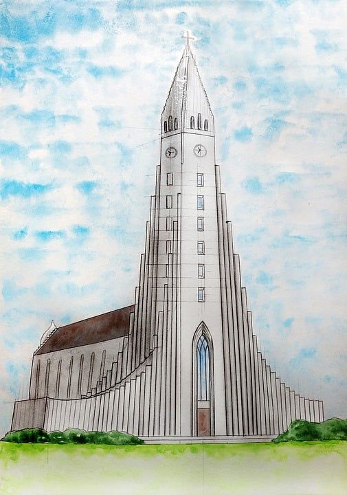 教堂 大教堂 宗教 水彩 冰岛 绘画 雷克雅未克 首都 视线