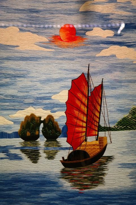 图片 绘画 船 帆船 垃圾 中国人 帆 海 水 天堂 云