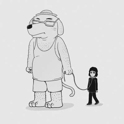 人类 狗 超现实的 中年人 人 宠物 皮带 撤销 画画 卡通片
