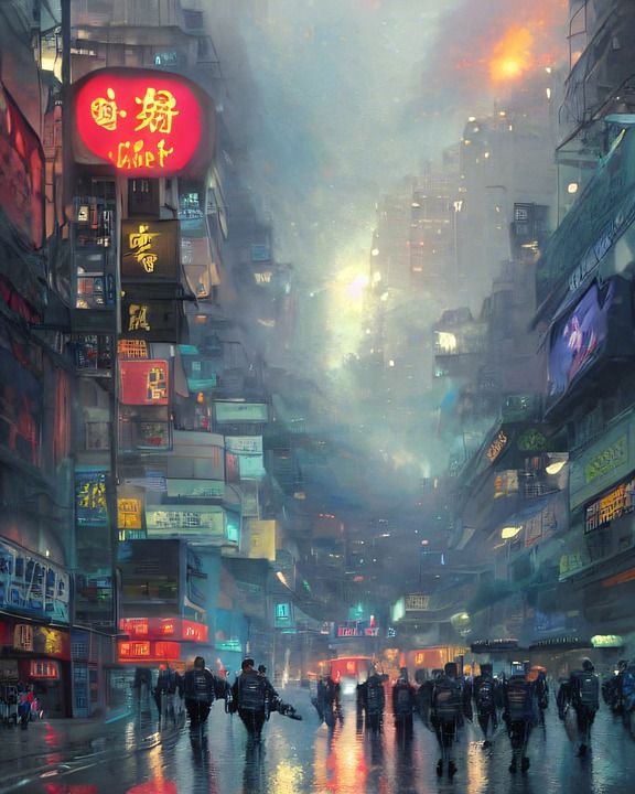 夜晚 城市 雨 香港 建造 警察 街道 店铺 绘画 香港