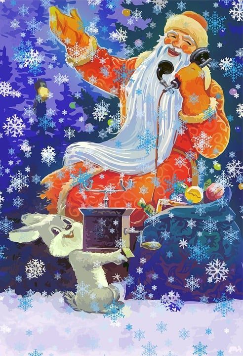 圣诞老人 兔子 电话 冬季 雪花 明信片 新年前夕 祝贺 假日