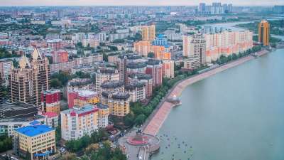 阿斯塔纳 哈萨克斯坦 离开海岸 河 埃西尔 老的 建筑 亚洲