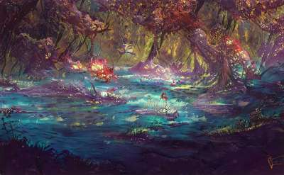 河 森林 绘画 数字艺术 梦幻的 超现实的 景观 自然 树木