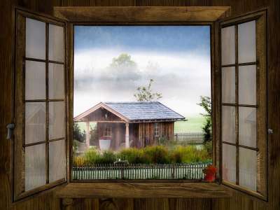 窗户 落下 外表 景观 多雾路段 窗口的框架 小屋 房子 成熟