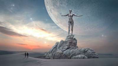 幻想 景观 天堂 月亮 行星 数字 雕像 岩石 沙漠 沙