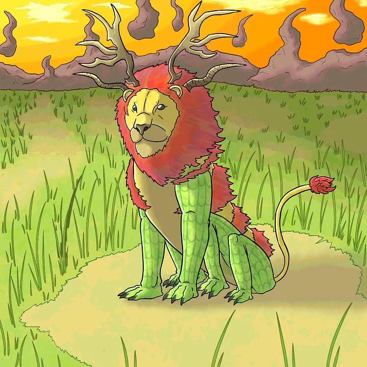 动物, 幻想, 狮子, 角, 童话, 魔法, 鹿, 自然, 山, Reptil