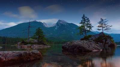 湖 黄昏 阿尔卑斯山 星星 高山湖泊 Hintersee 拉姆绍