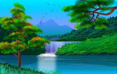 景观 插图 画 自然 风景秀丽的 地平线 森林 水 河 瀑布