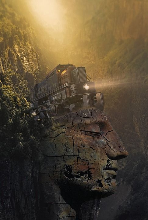 幻想 景观 幻想风景 超现实的 岩石 脸 火车 光 神秘 梦