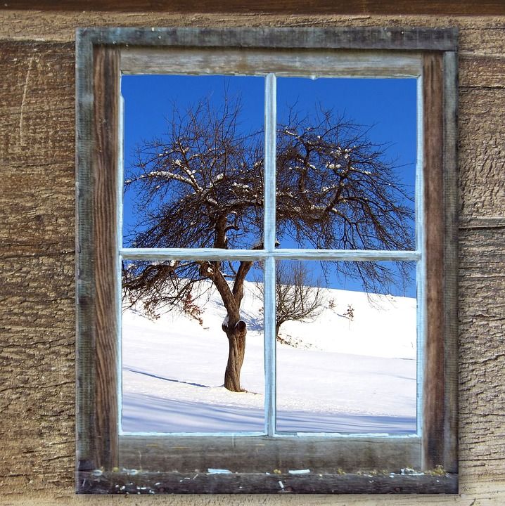 窗户 老的 小屋 树 雪 秃 山 冬天 景观 下雪的