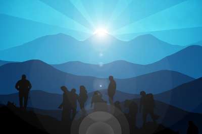 山 抽象的 登山者 团体 人们 剪影 山脉 景观 人为地