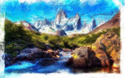 山 景观 河 岩石 自然 智利 绘画 艺术品