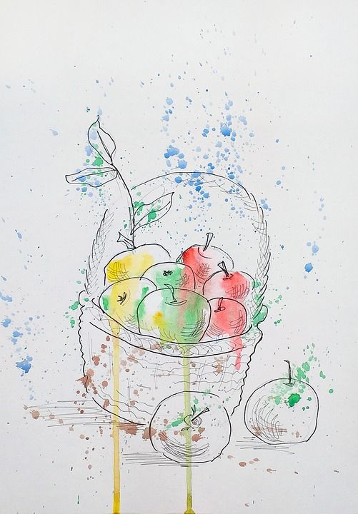 苹果 篮子 污渍 水彩 水果 生产 收成 食物 有机的 喷