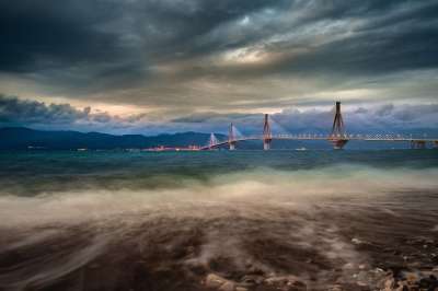 桥 里约安提里奥大 海 云 景观 希腊 暴风雨 风暴 多云的