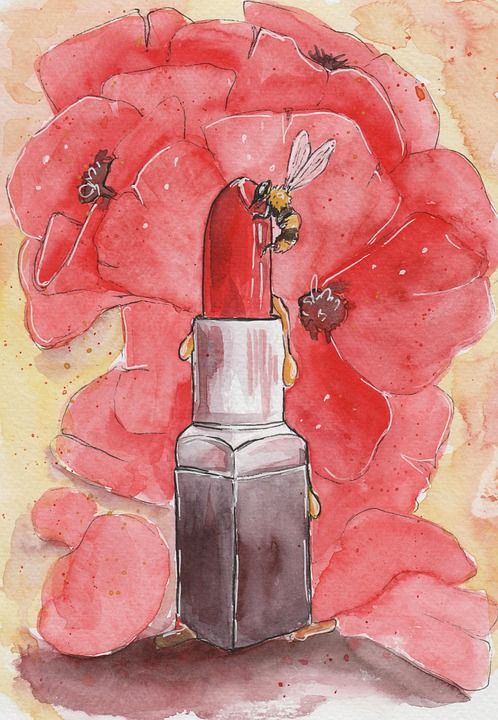 口红 蜜蜂 绘画 花 画画 化妆品 红唇膏 昆虫 草图 水彩